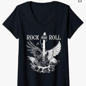 Womens Rock And Roll Musical Instrument Guitar V-Neck T-shirt